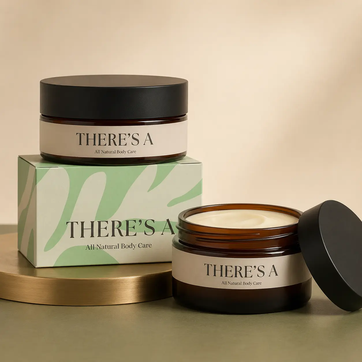There's A balm butter jars and branded box in a dimensional studio still life