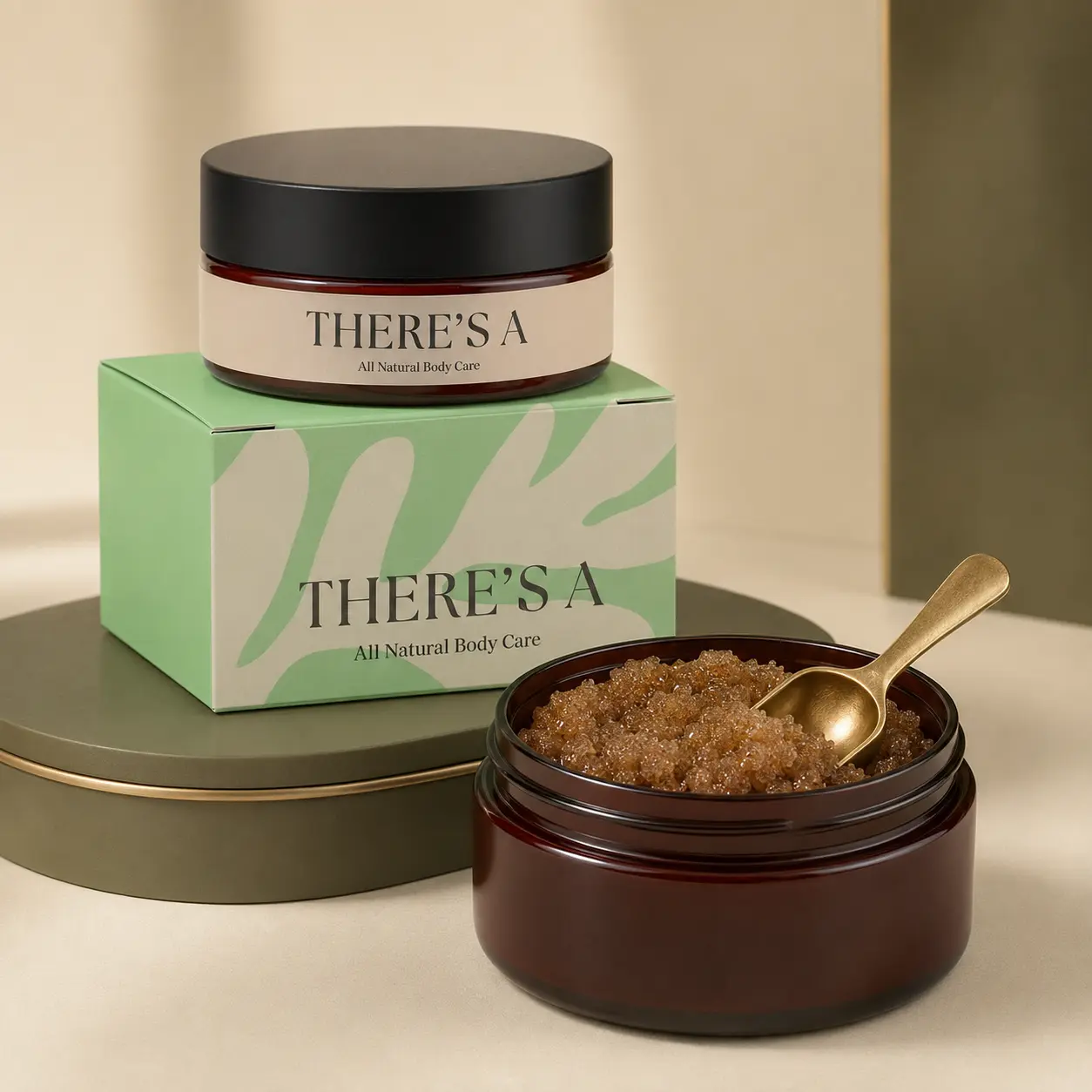 There's A body scrub jar, branded box, and realistic brown sugar scrub