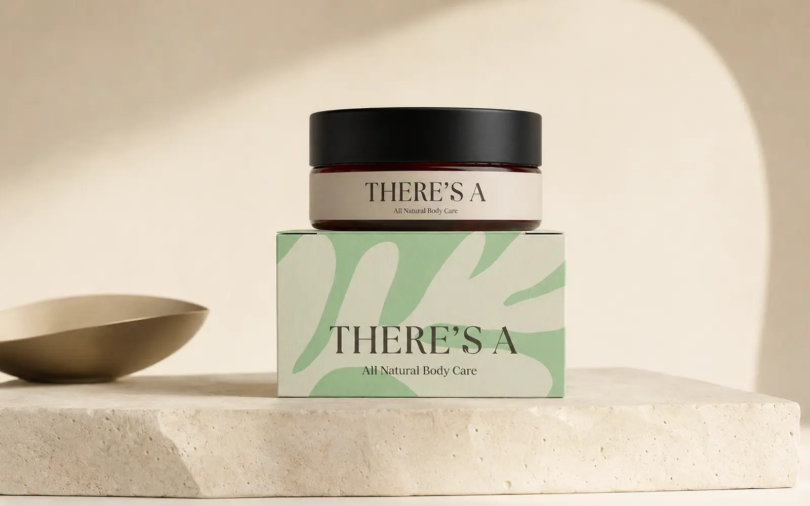 There's A All Natural Body Care jar and box in a dimensional studio still life