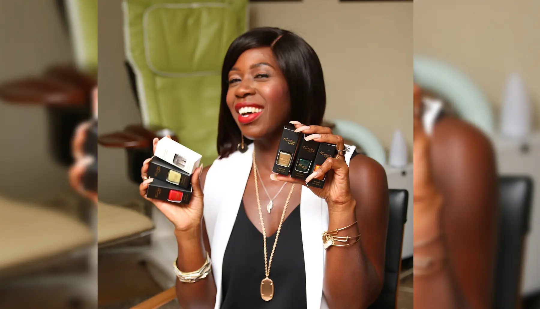Theresa presenting body-care products in her studio